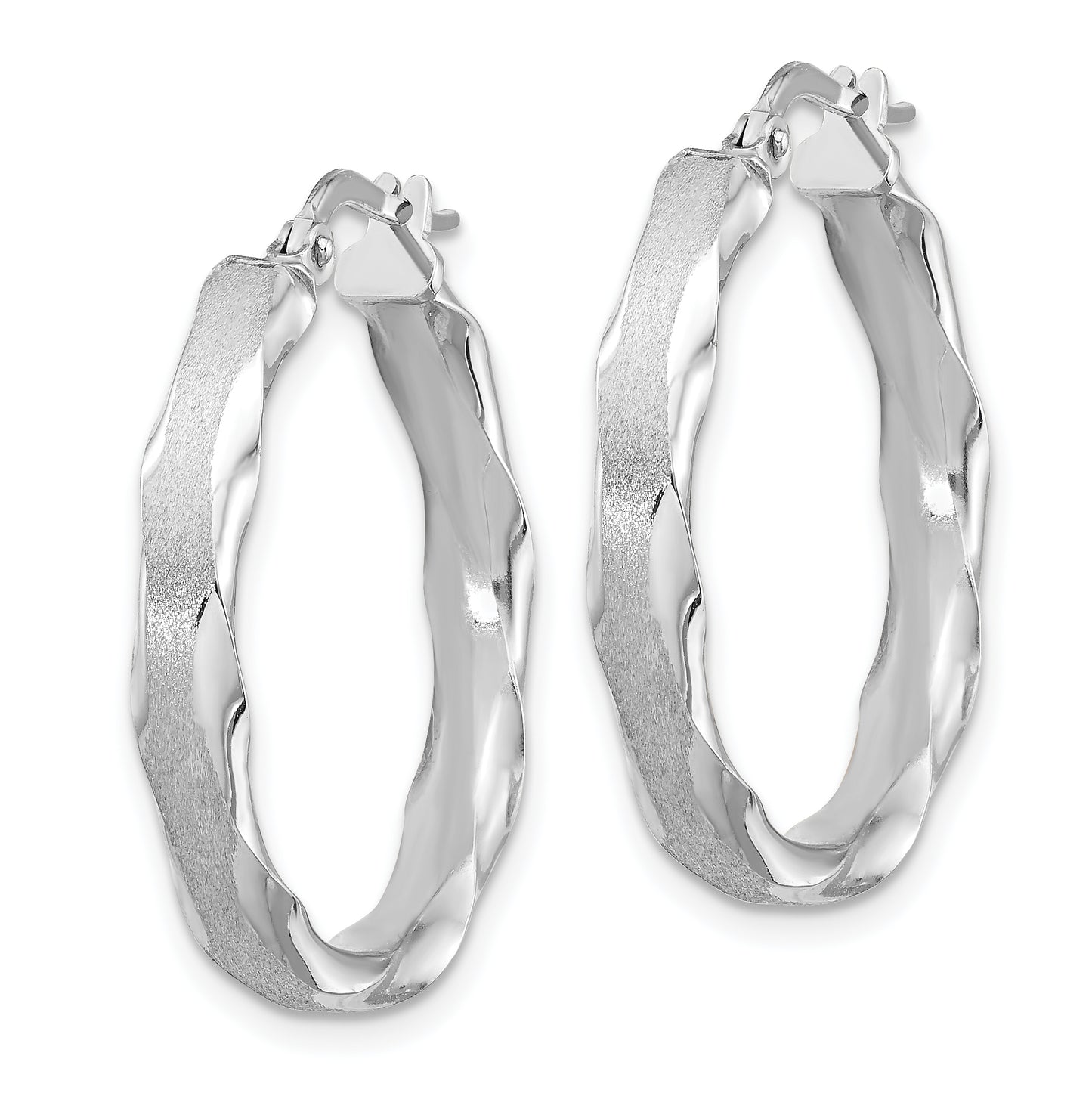 14K White Gold Satin And Polished Scalloped Edge Hoop Earrings