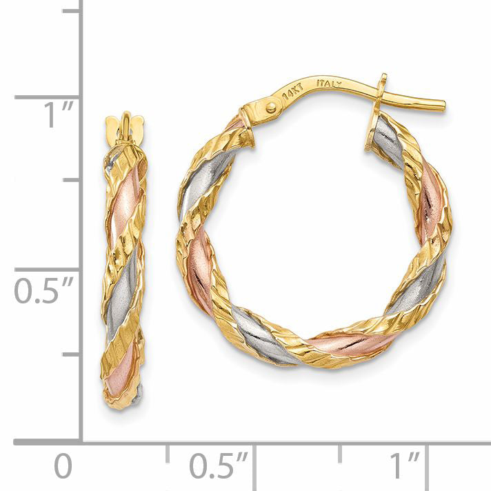 14K Yellow & Rhodium With White Rose Textured Twisted Hoop Earrings