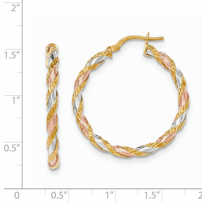 14K Yellow & Rhodium With White Rose Textured Twisted Hoop Earrings