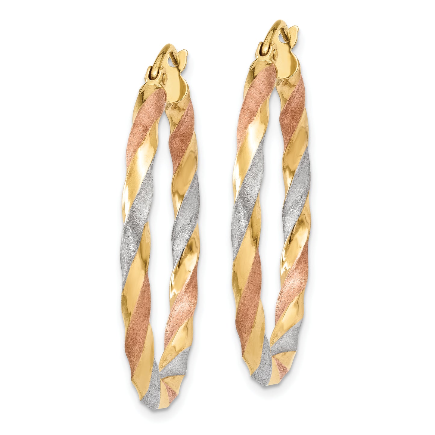 14K Yellow & Rhodium White Rose Satin Twisted Hoop Earrings