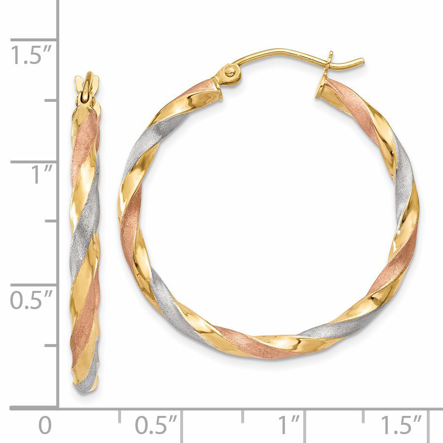 14K Yellow & Rhodium White Rose Satin Twisted Hoop Earrings