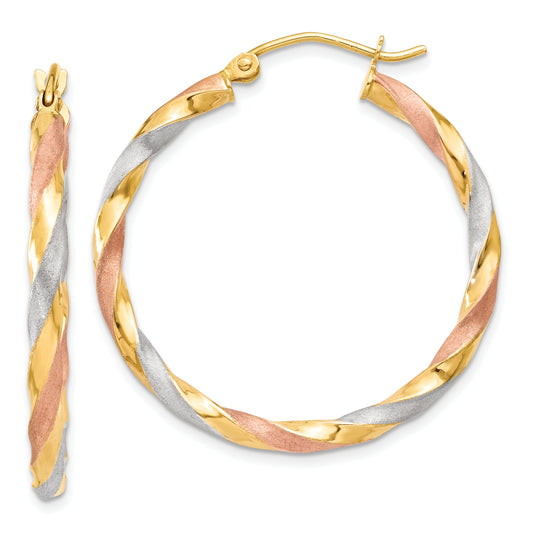 14K Yellow & Rhodium White Rose Satin Twisted Hoop Earrings