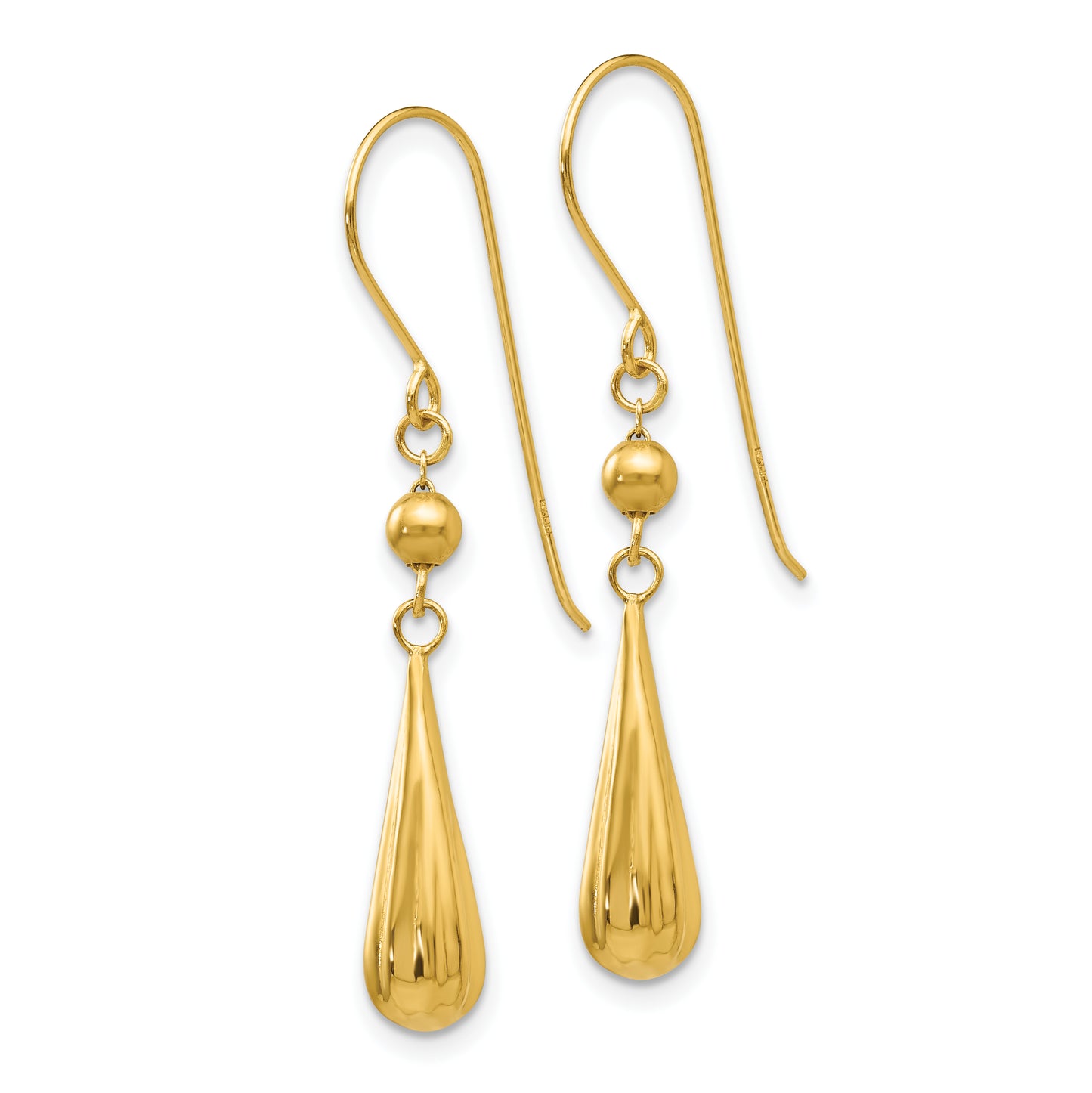 14K Yellow Gold Grooved Puffed Teardrop Shepherd Hook Earrings