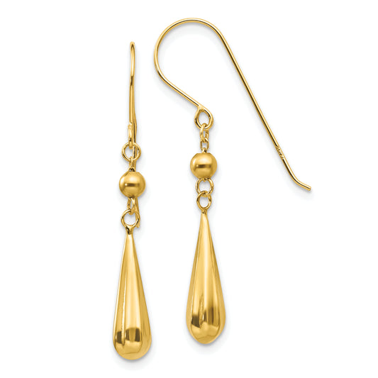 14K Yellow Gold Grooved Puffed Teardrop Shepherd Hook Earrings