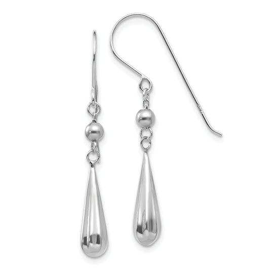 14K White Gold Grooved Puffed Teardrop Shepherd Hook Earrings