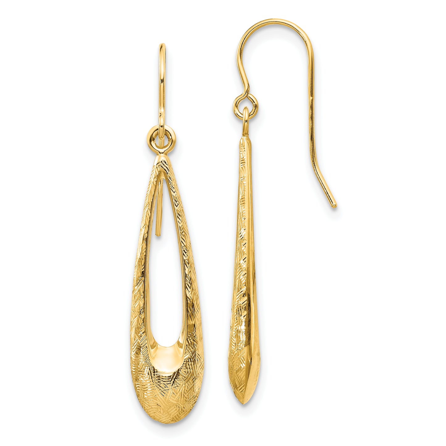 14K Yellow Gold Polished And Textured Teardrop Dangle Earrings