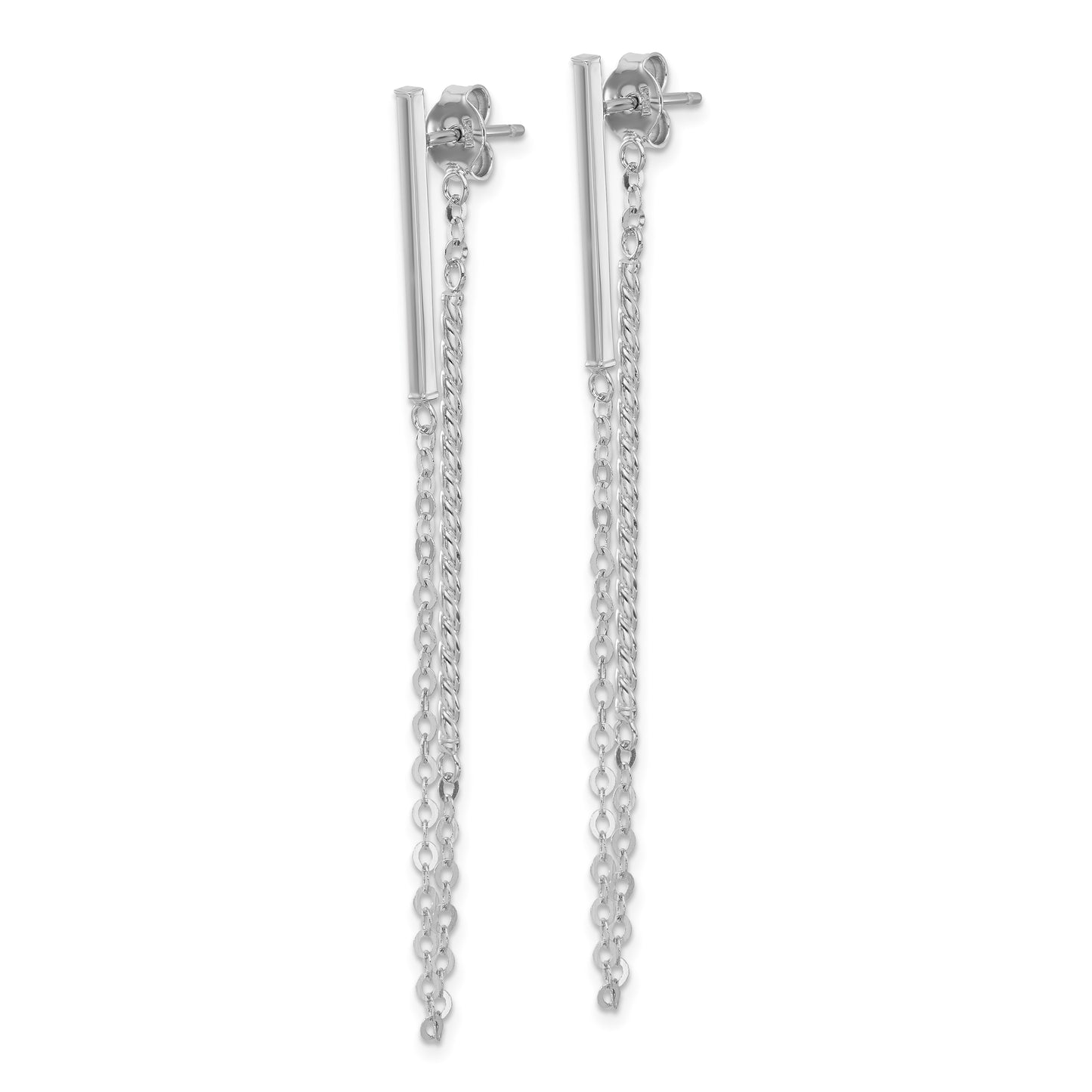 14K White Gold Polished And Twisted Bar W/Chain Post Earrings