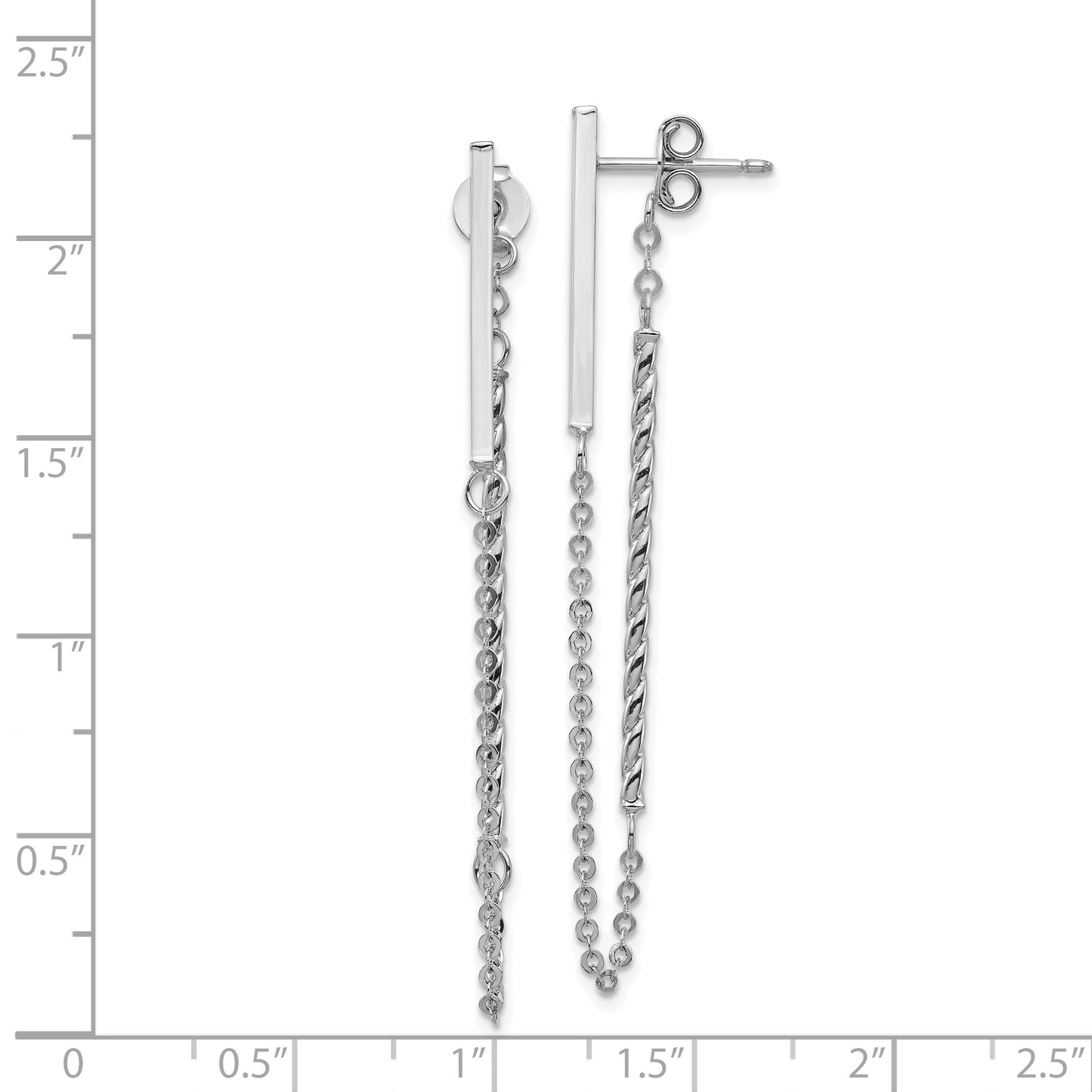 14K White Gold Polished And Twisted Bar W/Chain Post Earrings