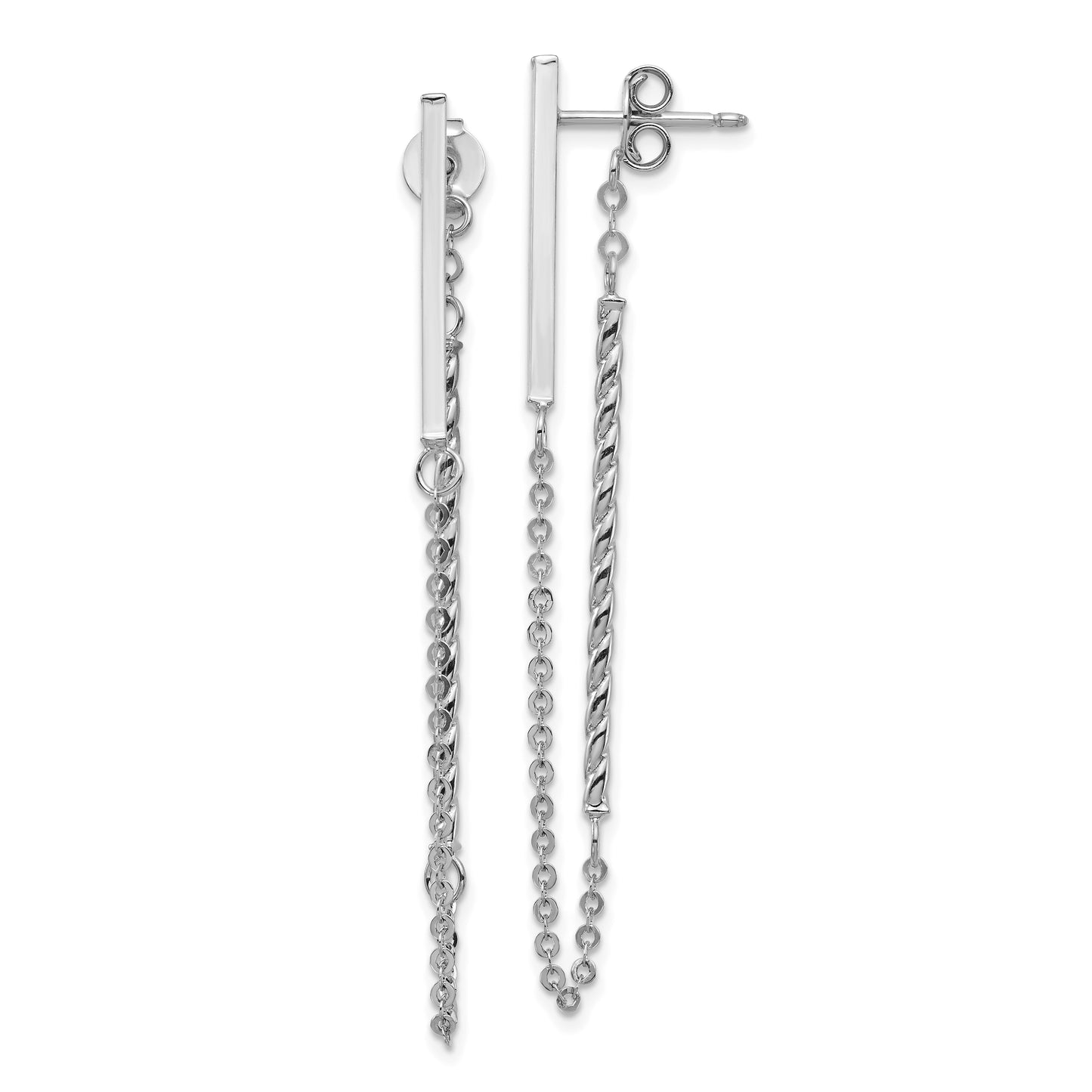 14K White Gold Polished And Twisted Bar W/Chain Post Earrings