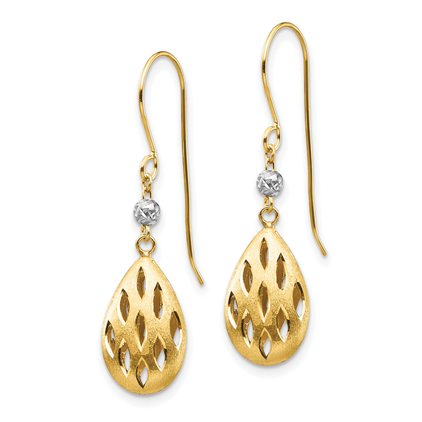 14K Two-Tone Diamond Cut Teardrop Dangle Earrings