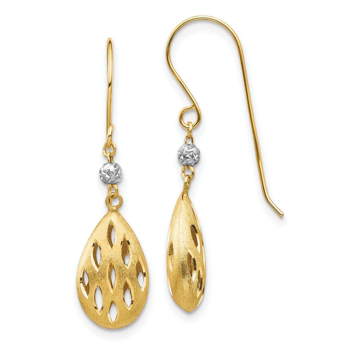 14K Two-Tone Diamond Cut Teardrop Dangle Earrings