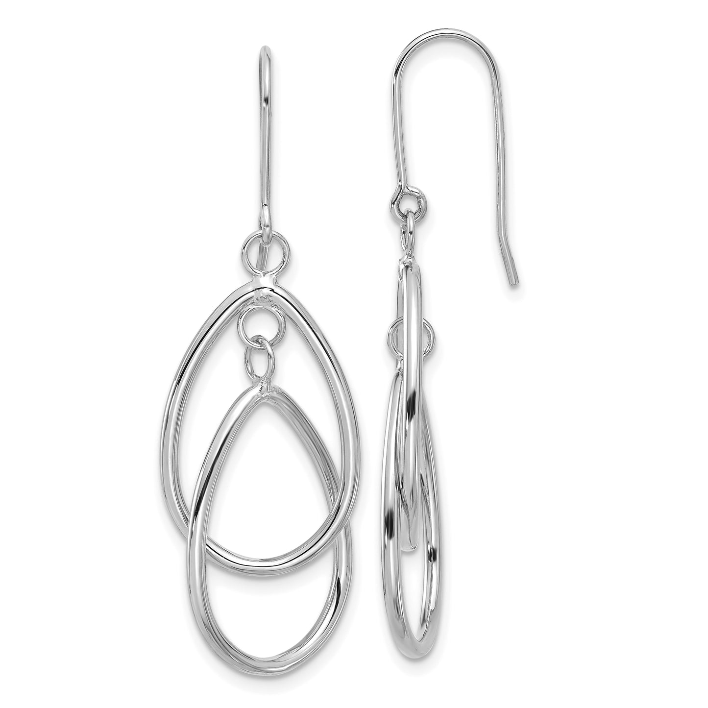 14K White Gold Double Teardrop Dangle Wire Earrings