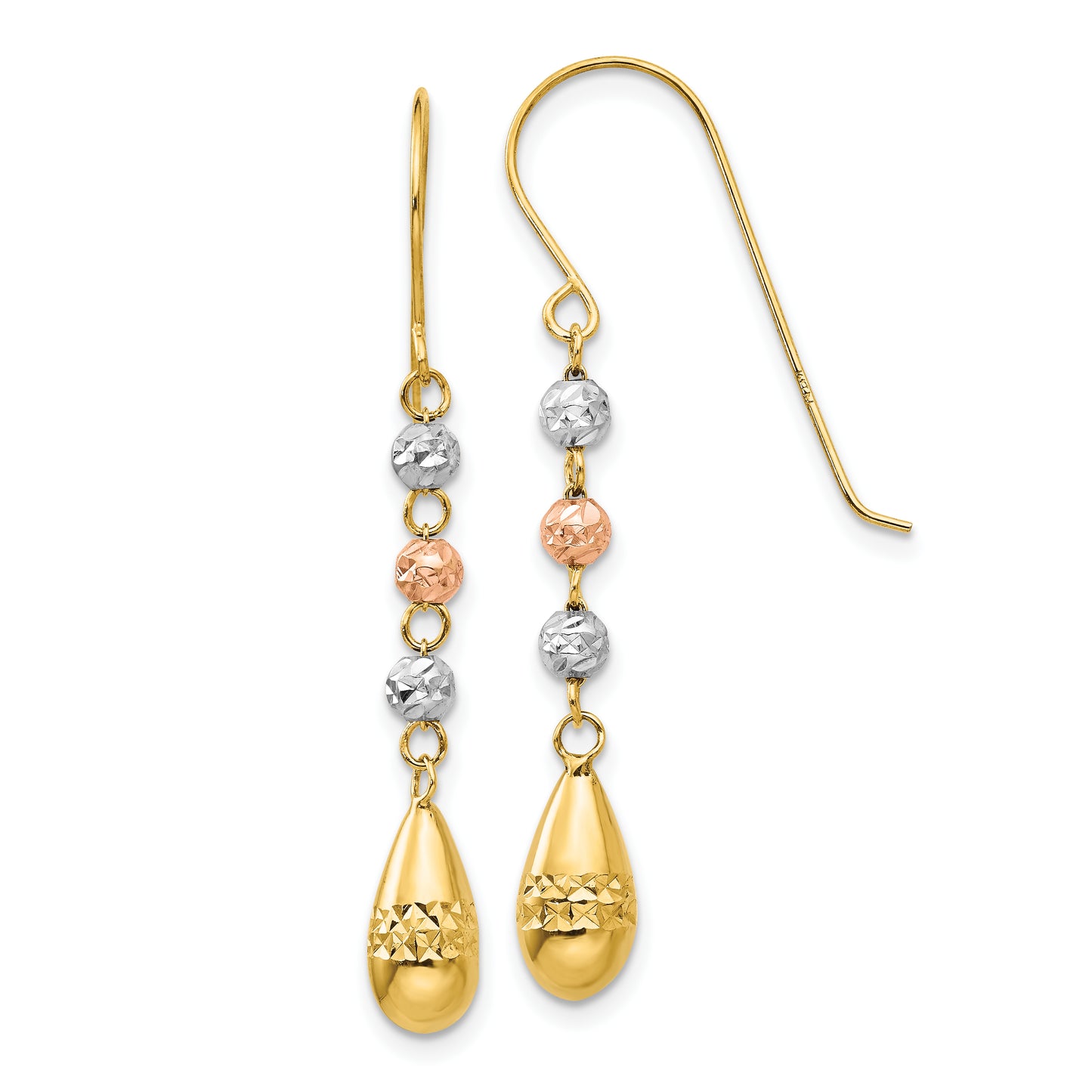 14K Tri-Color Diamond-Cut Teardrop Beaded Puff Dangle Earrings