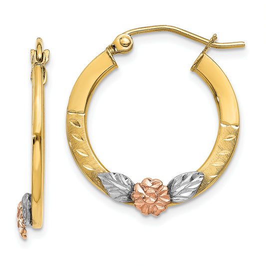 14K Two-Tone Yellow & Rose Gold W/ Rhodium Diamond Cut Flower Hoop Earrings