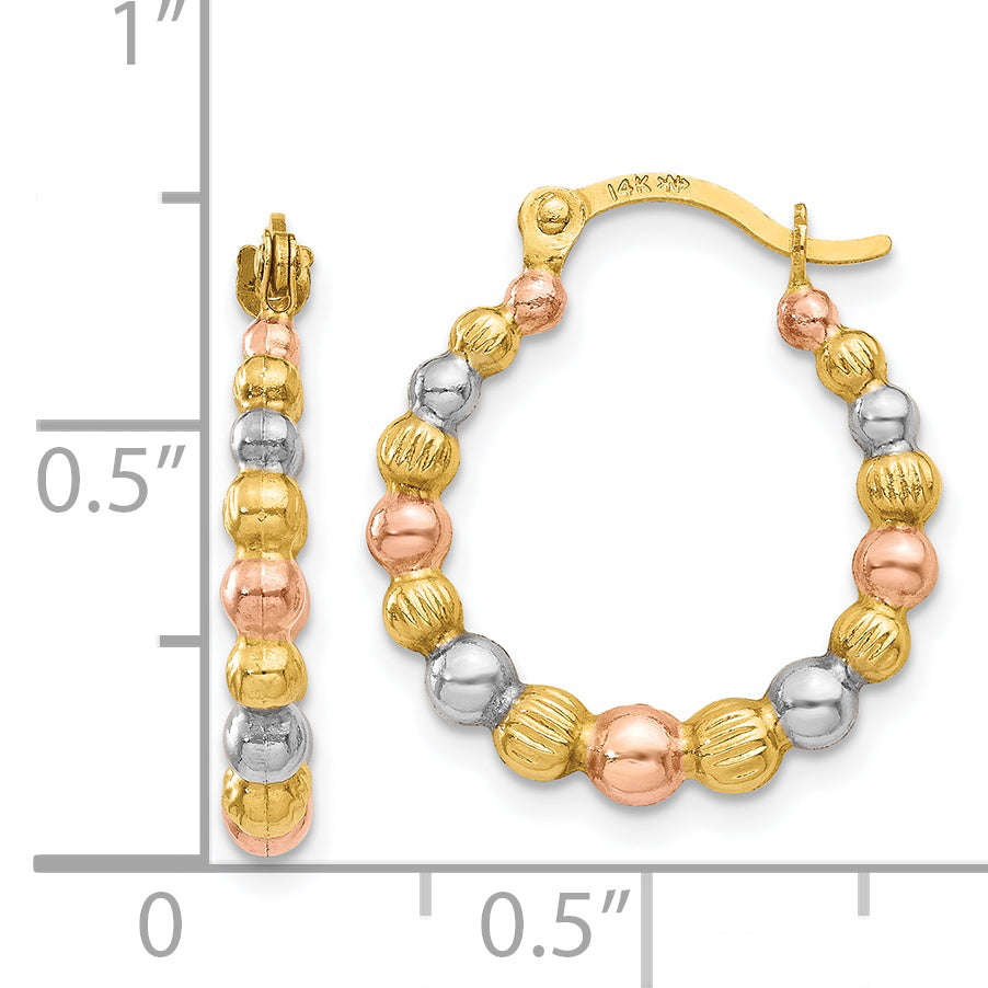 14K Yellow & Rhodium White And Rose Beaded Hoop Earrings