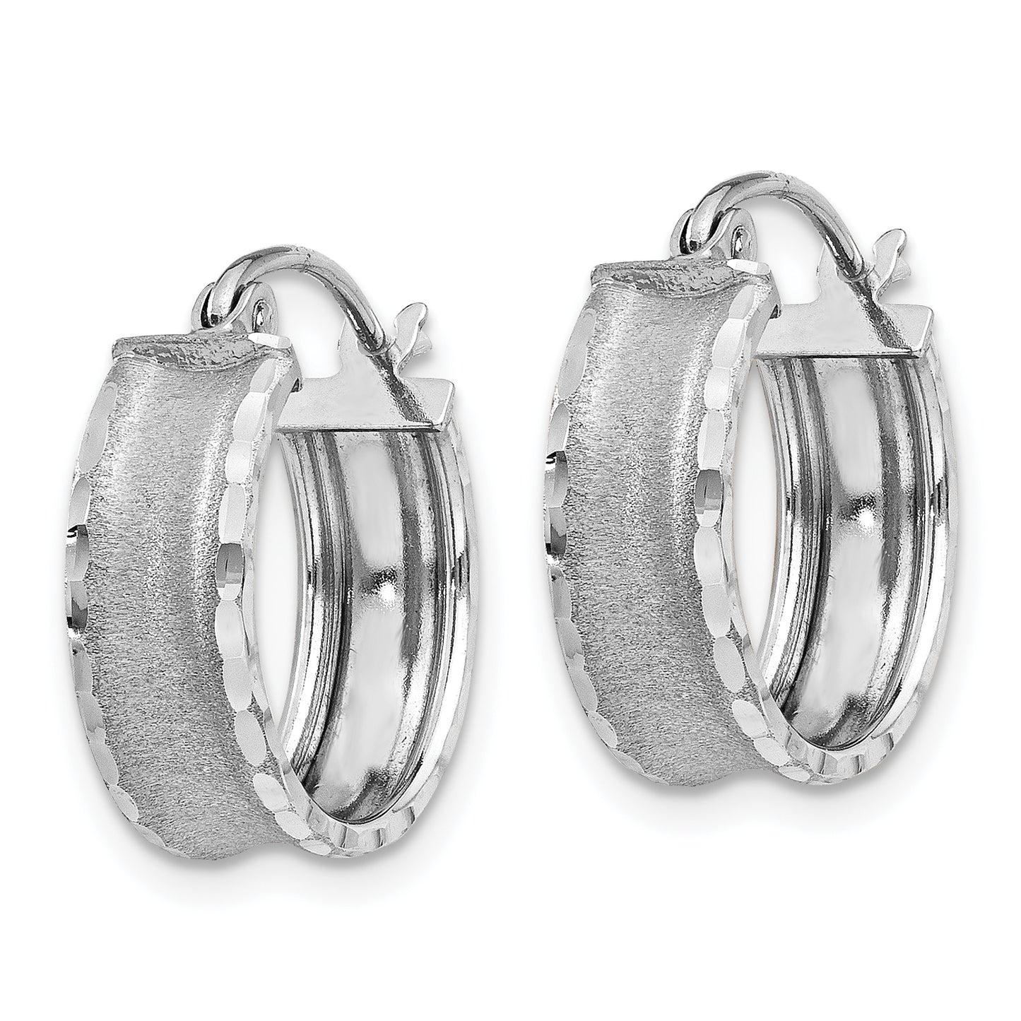 14K White Gold Diamond Cut Satin Hoop Earrings