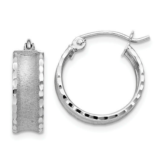 14K White Gold Diamond Cut Satin Hoop Earrings