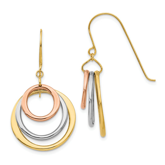 14K Tri-Color Circle Dangle Shepherd Hook Earrings