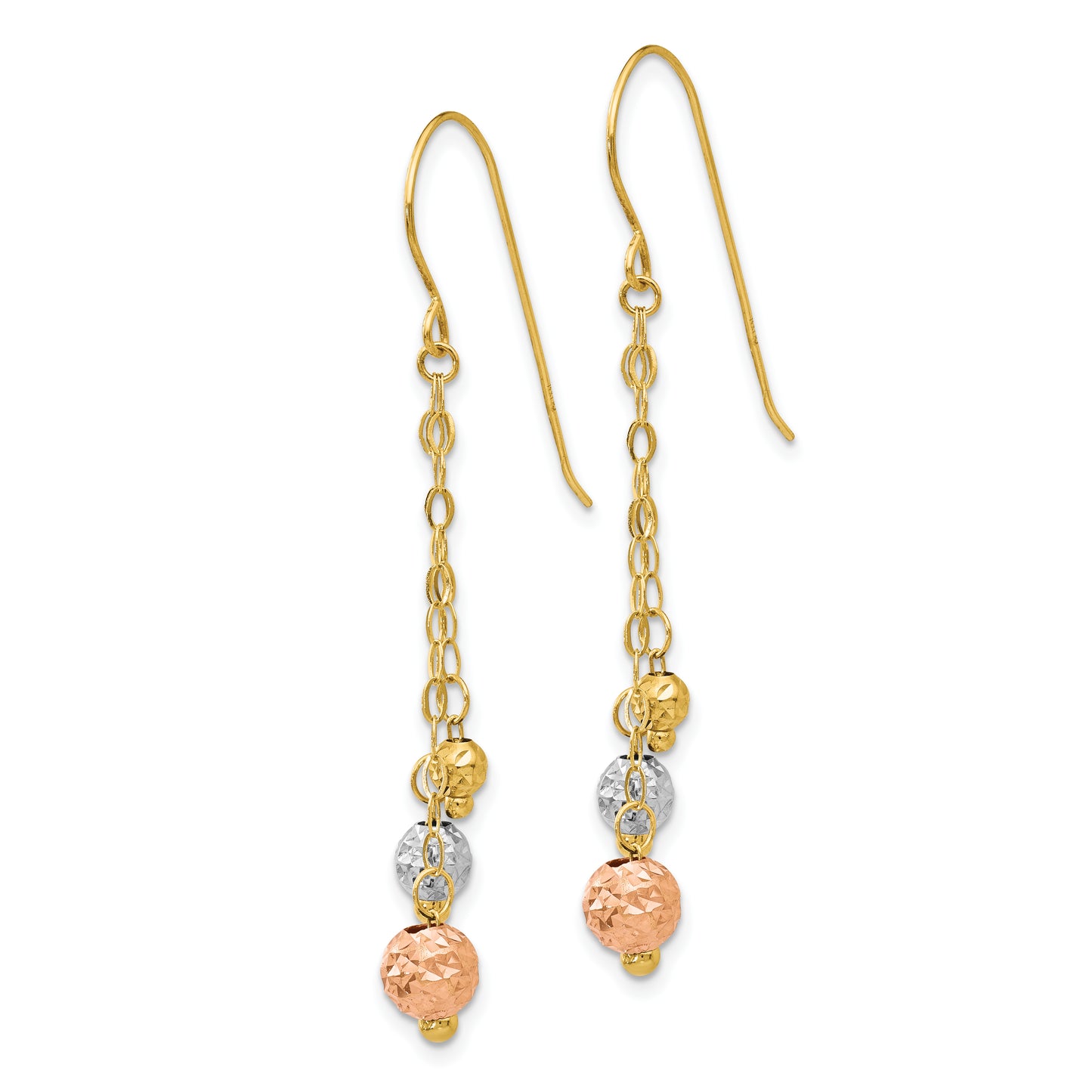 14K Tri-Color W/Diamond-Cut Beads Dangle Earrings