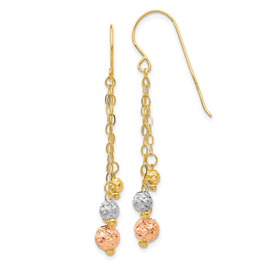 14K Tri-Color W/Diamond-Cut Beads Dangle Earrings