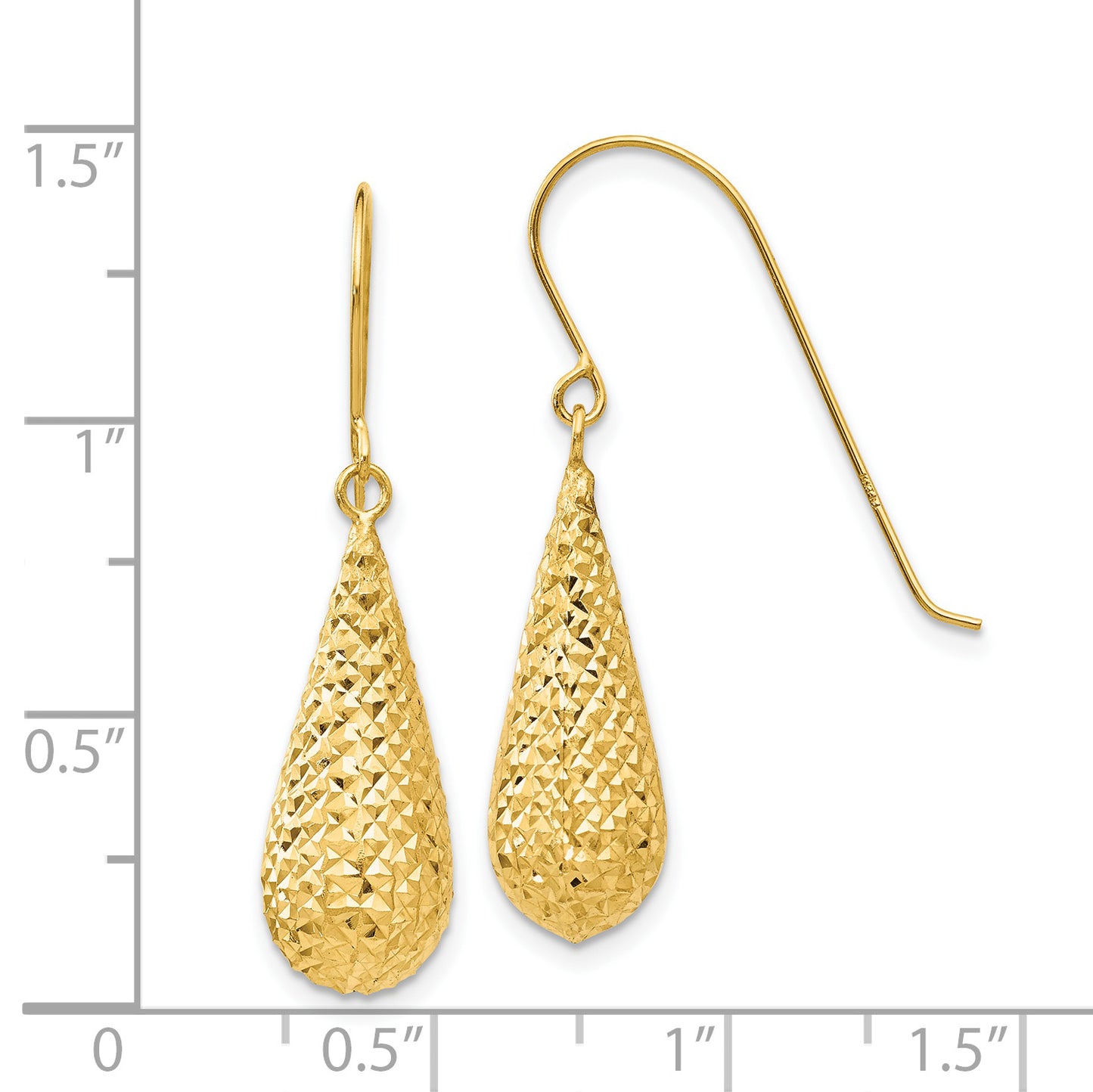 14K Yellow Gold Diamond Cut Puff Tear Drop Dangle Earrings