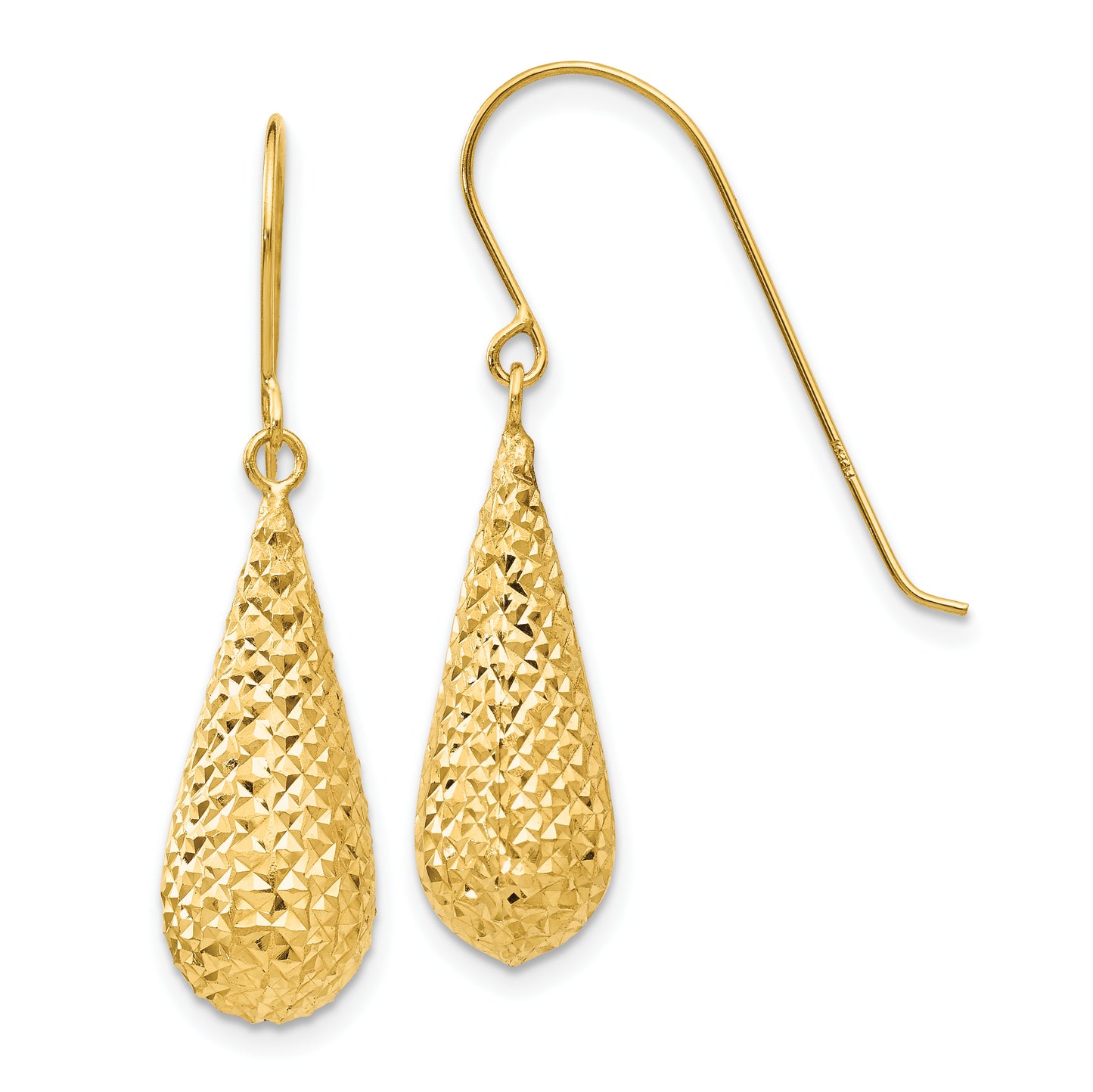 14K Yellow Gold Diamond Cut Puff Tear Drop Dangle Earrings