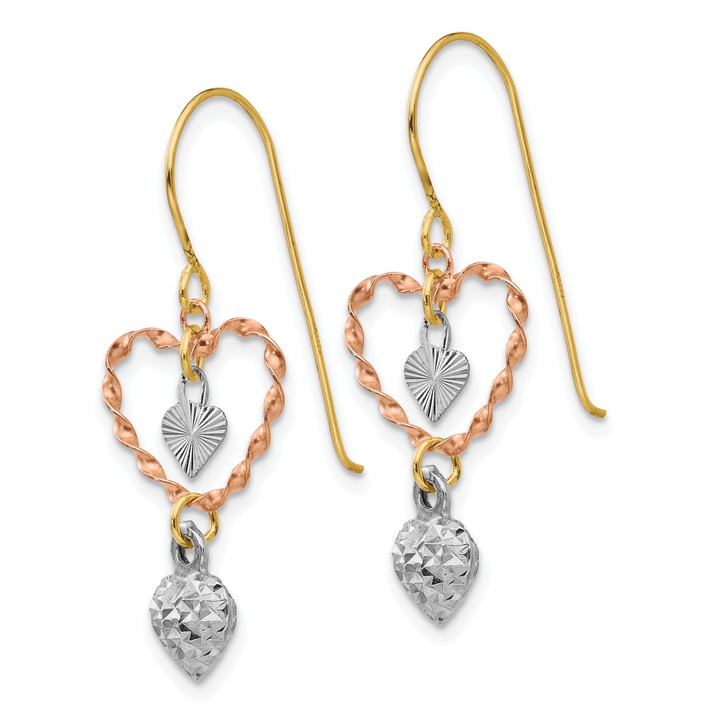 14K Tri-Color Diamond Cut Heart Dangle Earrings