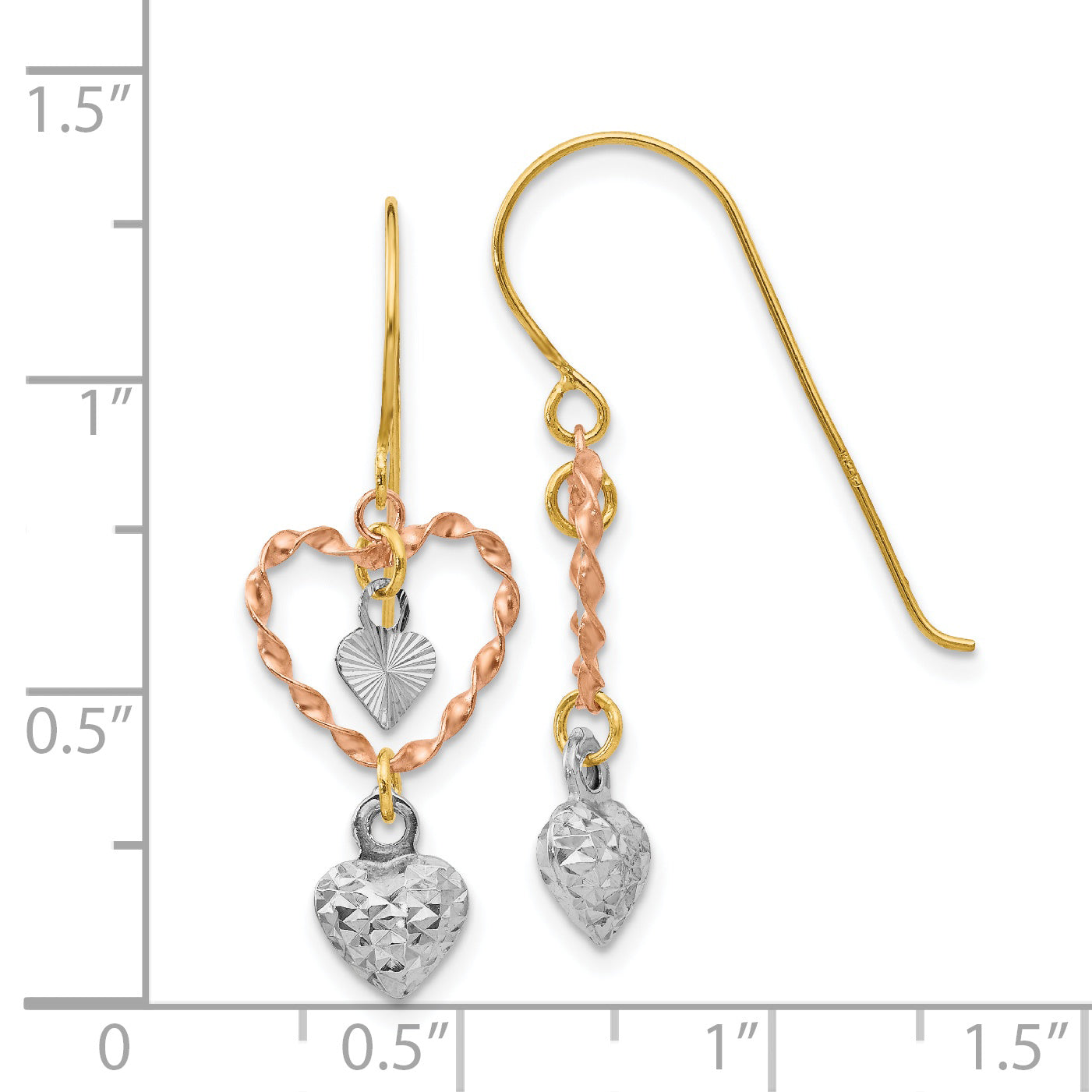 14K Tri-Color Diamond Cut Heart Dangle Earrings