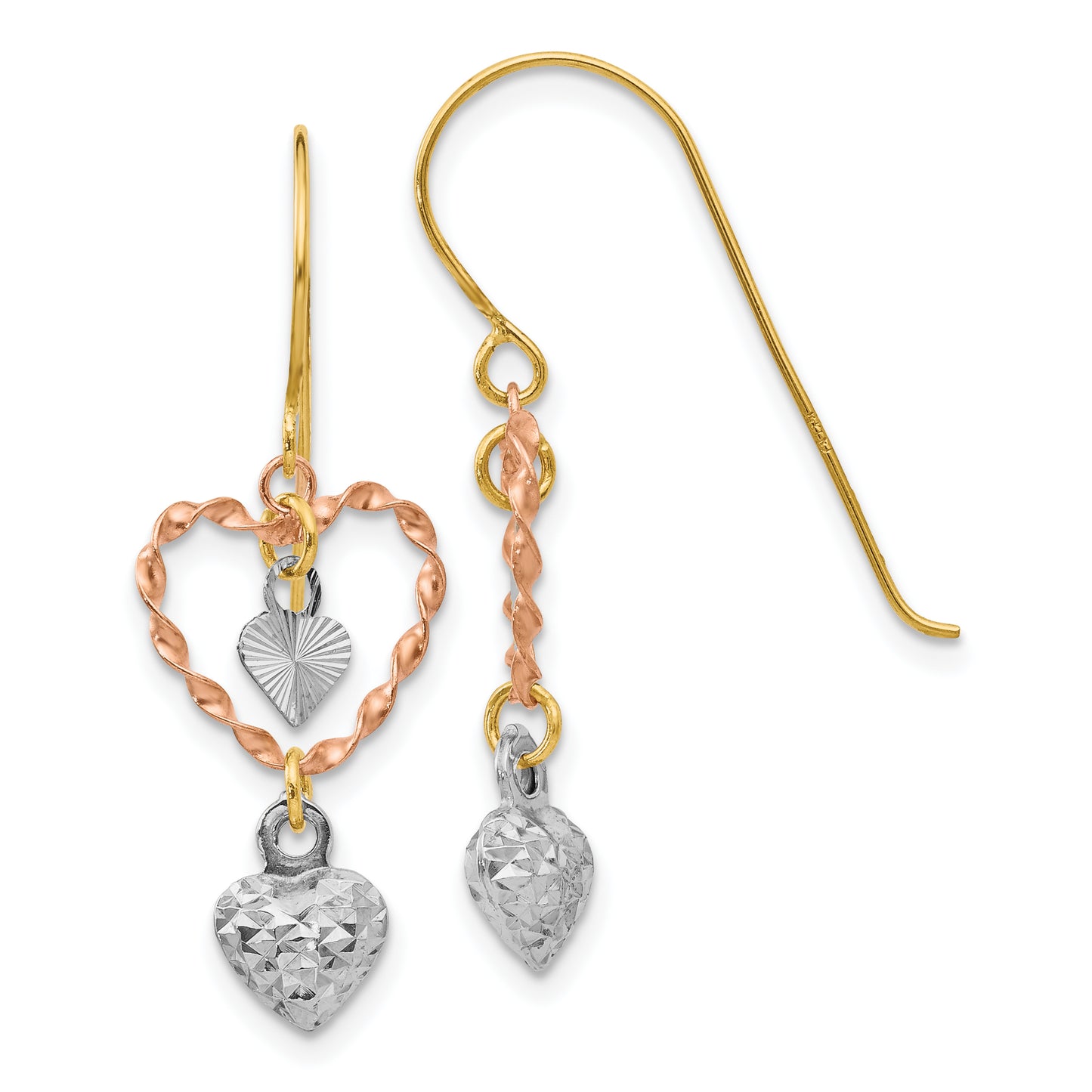 14K Tri-Color Diamond Cut Heart Dangle Earrings