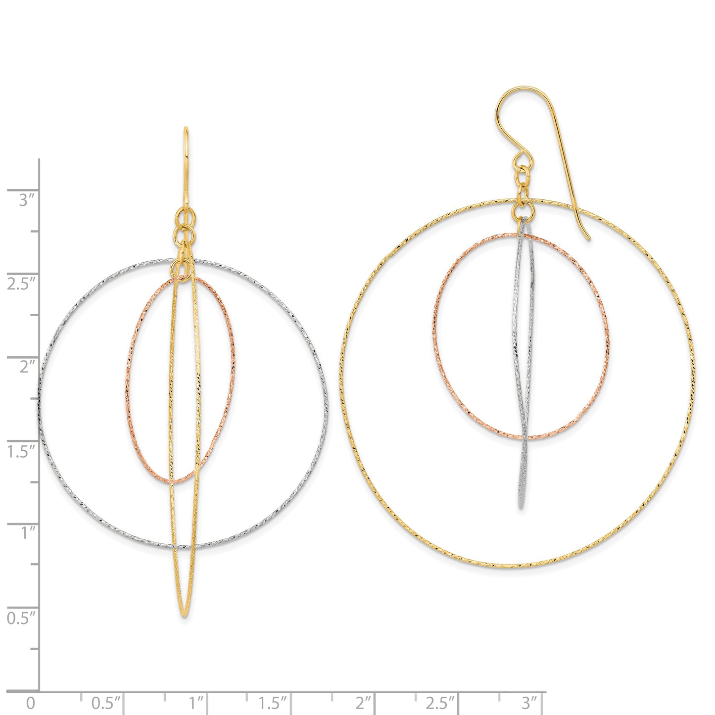 14K Tri-Color Diamond Cut Graduated Circles Shepherd Hook Earrings