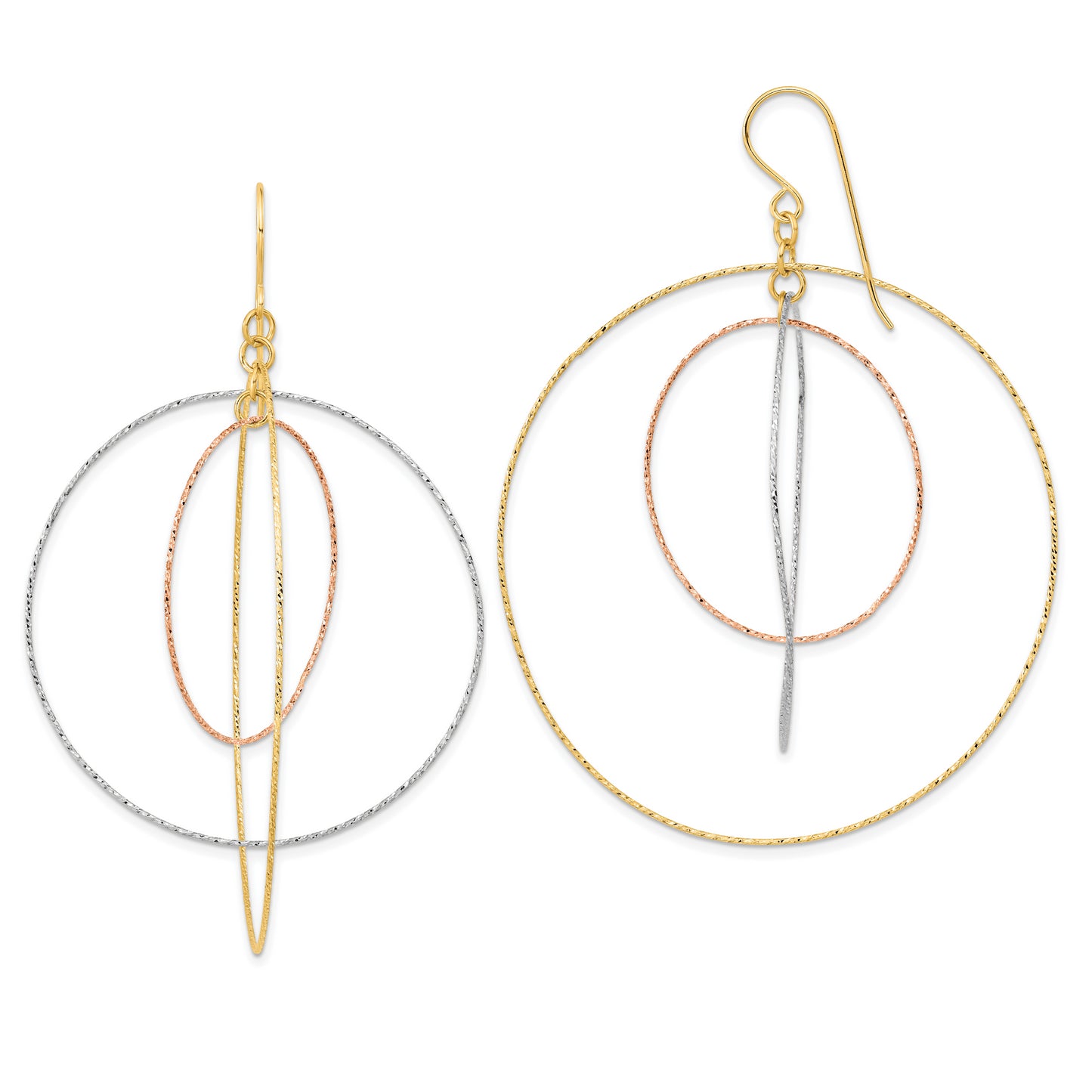 14K Tri-Color Diamond Cut Graduated Circles Shepherd Hook Earrings