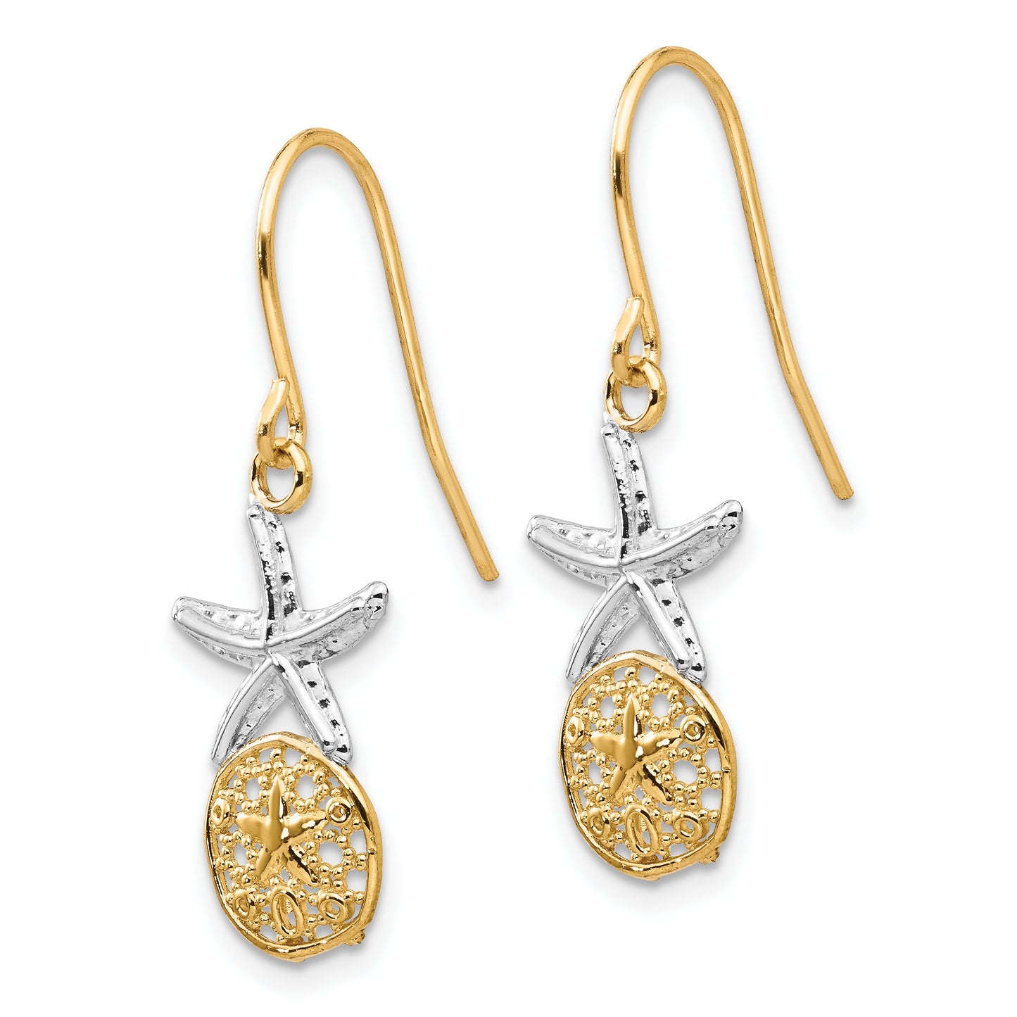 14K Yellow & Rhodium Starfish W/Sand Dollar Shepherd Hook Earrings