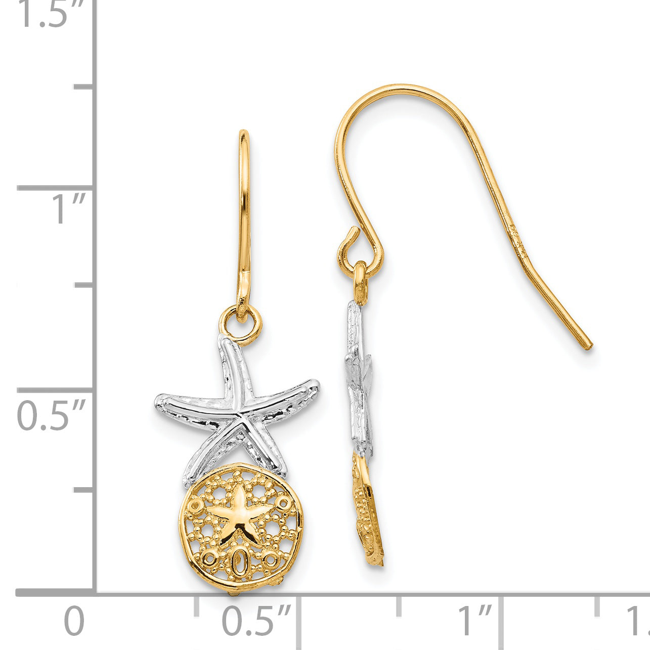 14K Yellow & Rhodium Starfish W/Sand Dollar Shepherd Hook Earrings