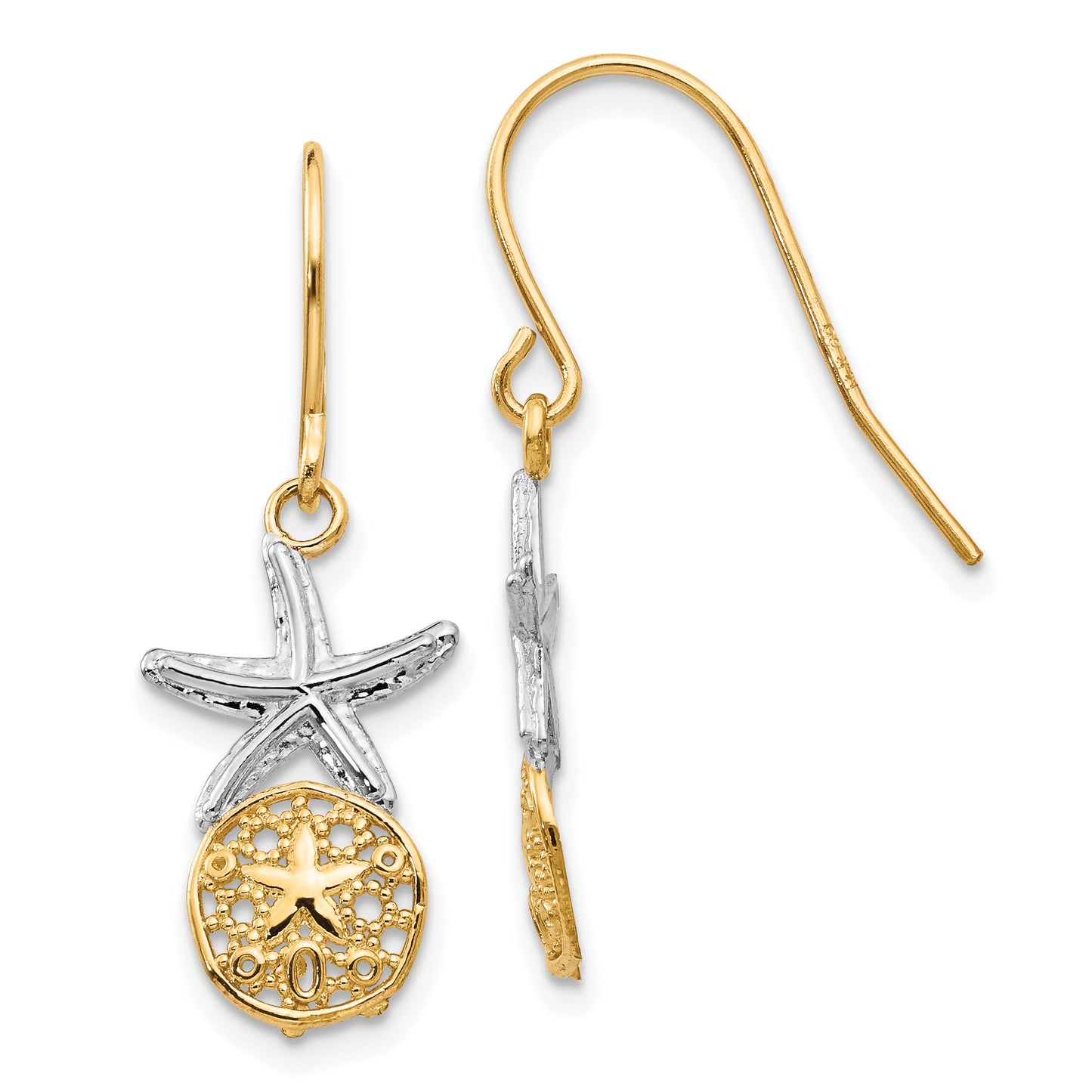 14K Yellow & Rhodium Starfish W/Sand Dollar Shepherd Hook Earrings