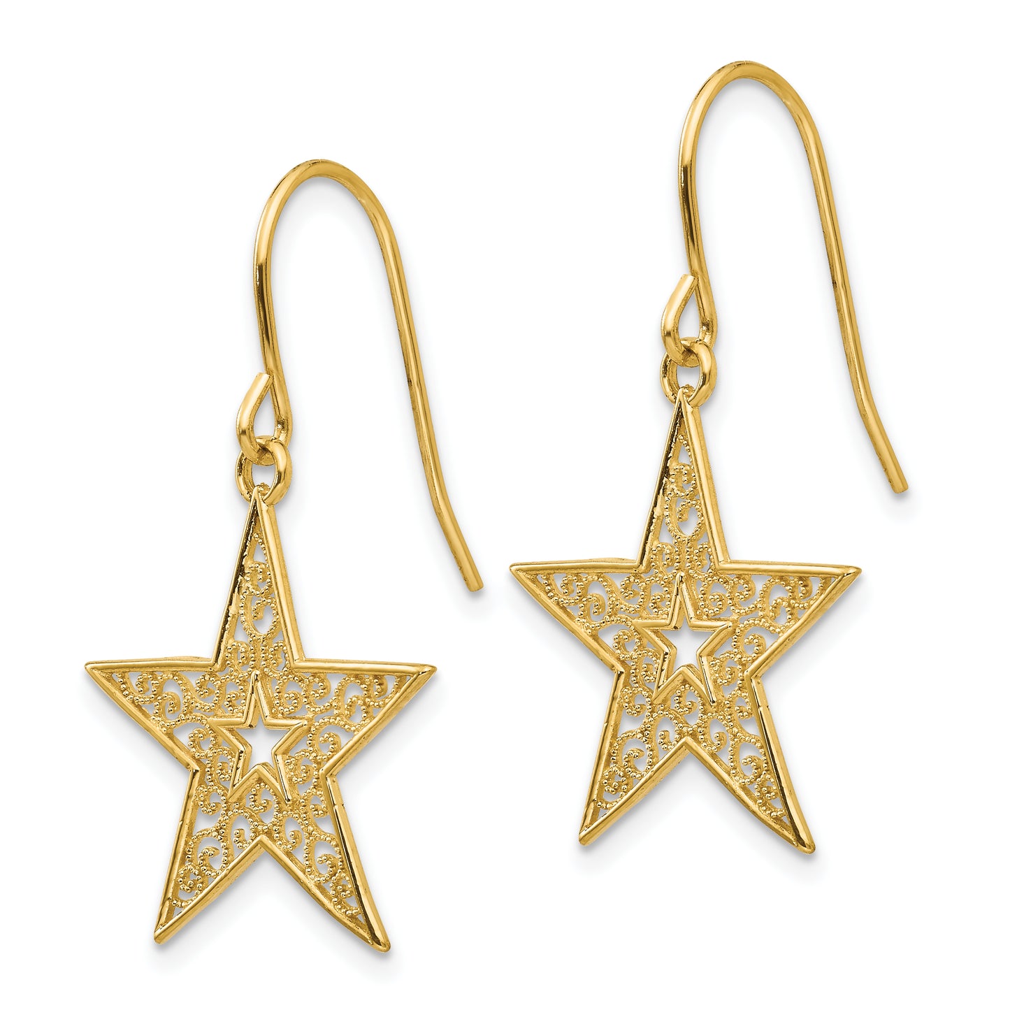 14K Yellow Gold Filigree Star Shepherd Hook Earrings