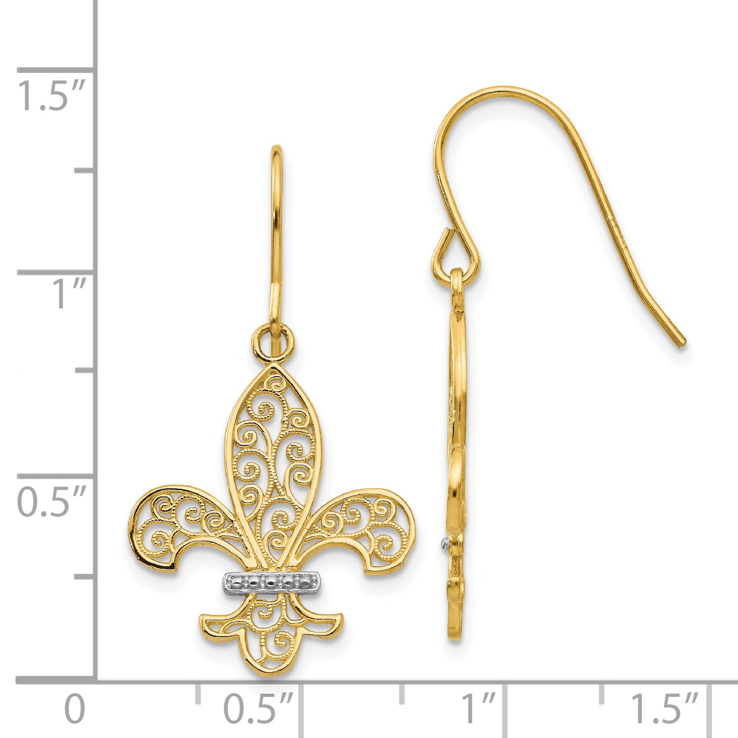 14K Yellow & Rhodium Fleur De Lis Shepherd Hook Earrings