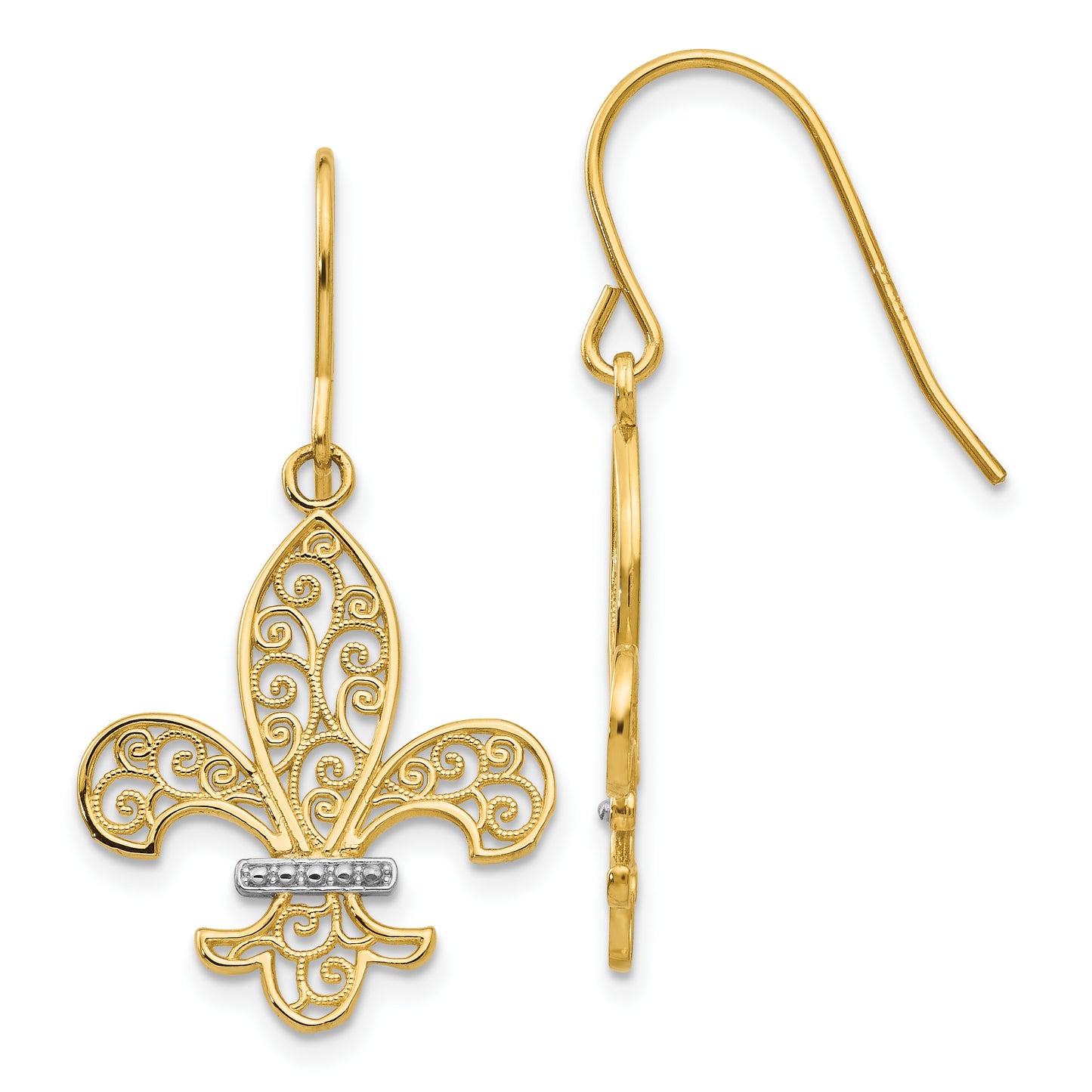 14K Yellow & Rhodium Fleur De Lis Shepherd Hook Earrings