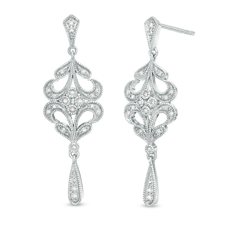 0.1 CT. T.W. Diamond Filigree Vintage-Style Drop Earrings in Sterling Silver