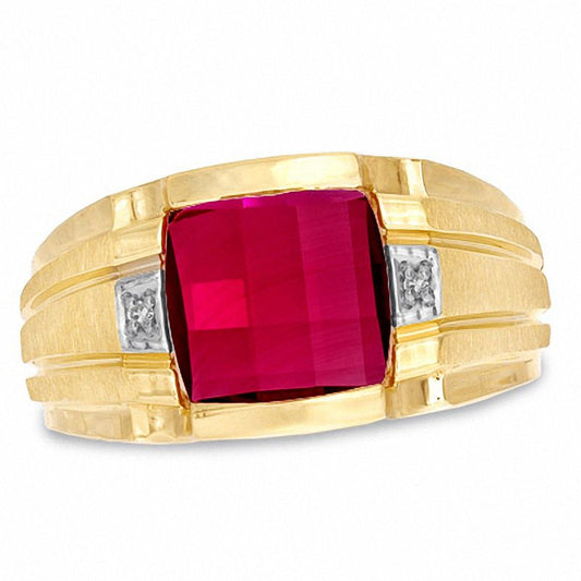 Men's Cushion-Cut Lab-Created Ruby and Diamond Accent Ring in Solid 10K Yellow Gold