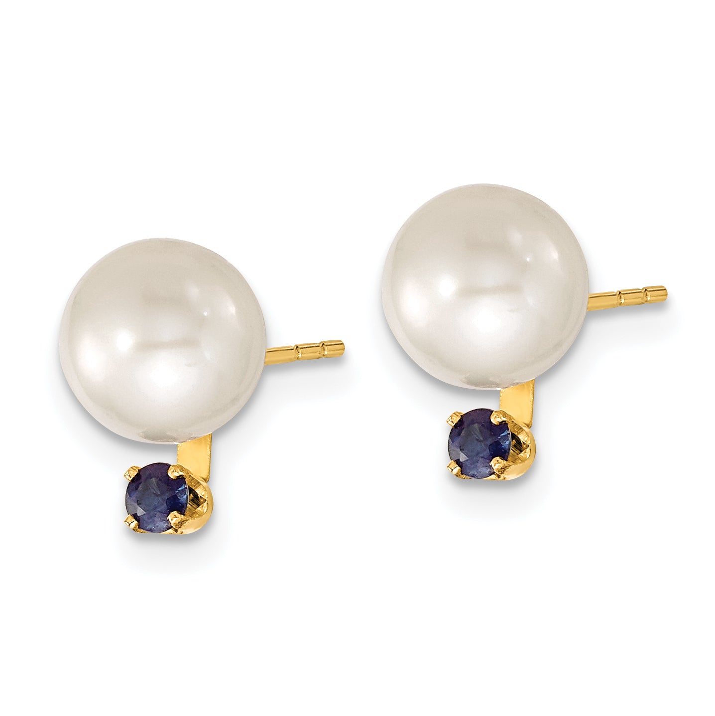 14k Yellow Gold 14k 7-8mm White Round Freshwater Cultured Pearl and .30SA Sapphire Post Earrings and Pendant Set