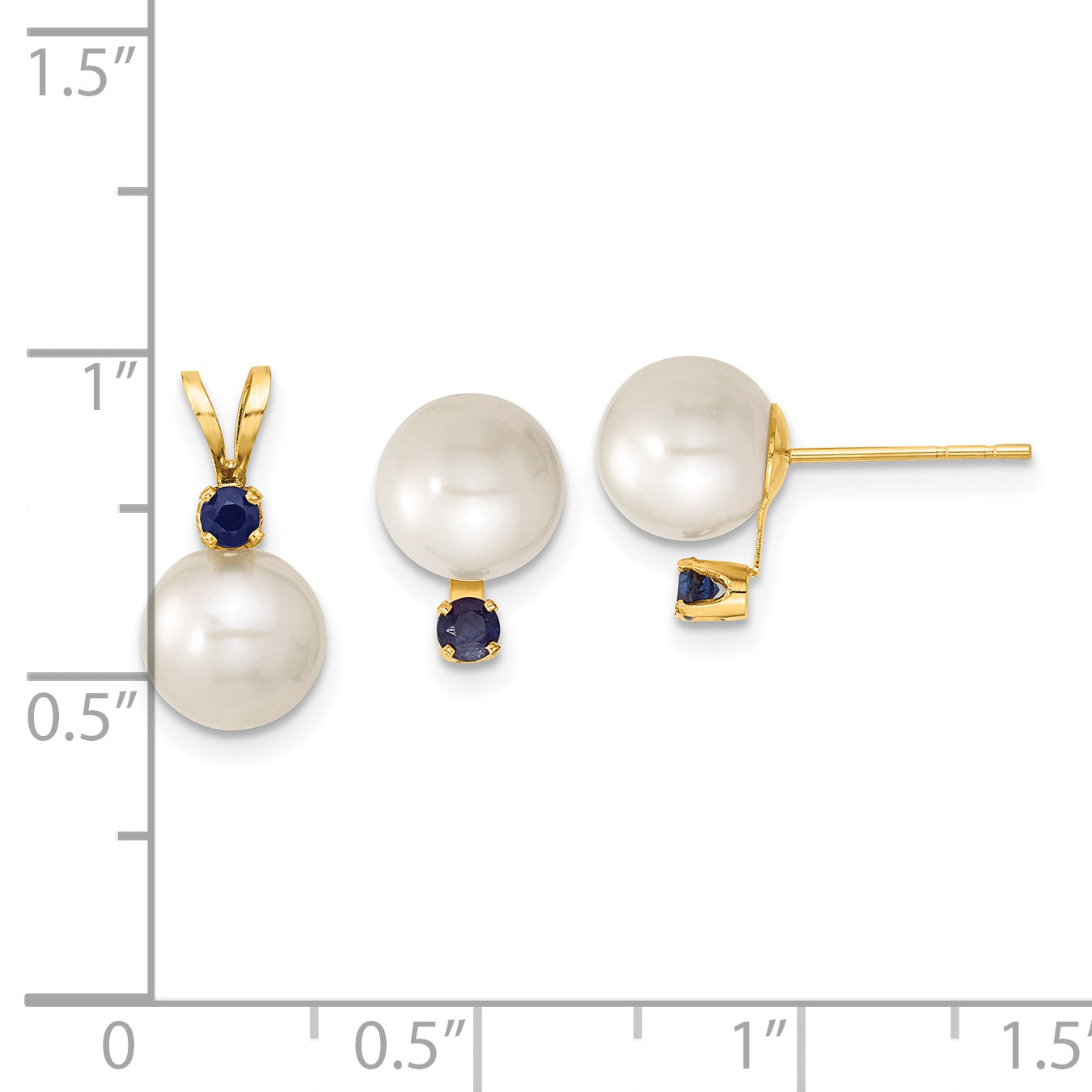 14k Yellow Gold 14k 7-8mm White Round Freshwater Cultured Pearl and .30SA Sapphire Post Earrings and Pendant Set