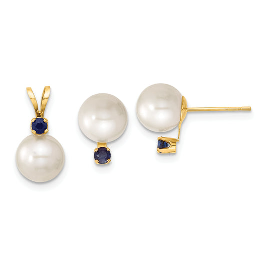 14k Yellow Gold 14k 7-8mm White Round Freshwater Cultured Pearl and .30SA Sapphire Post Earrings and Pendant Set