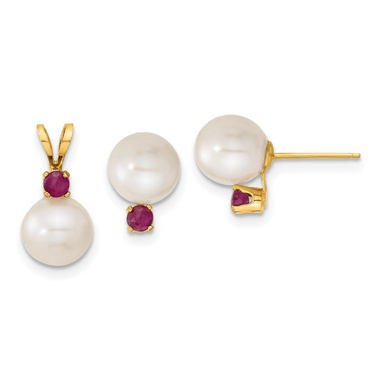 14k Yellow Gold 14k 7-8mm White Round Freshwater Cultured Pearl and .30RU Ruby Post Earrings and Pendant Set