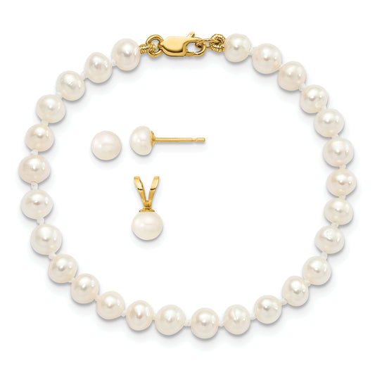 14k Yellow Gold 14k 4-5mm White Freshwater Cultured Pearl Pendant, 5 inch Bracelet and Post Earrings Set