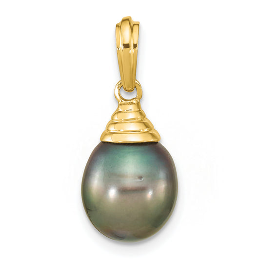 14k Yellow Gold 14k 9-10mm Black Teardrop Tahitian Saltwater Cultured Pearl Pendant