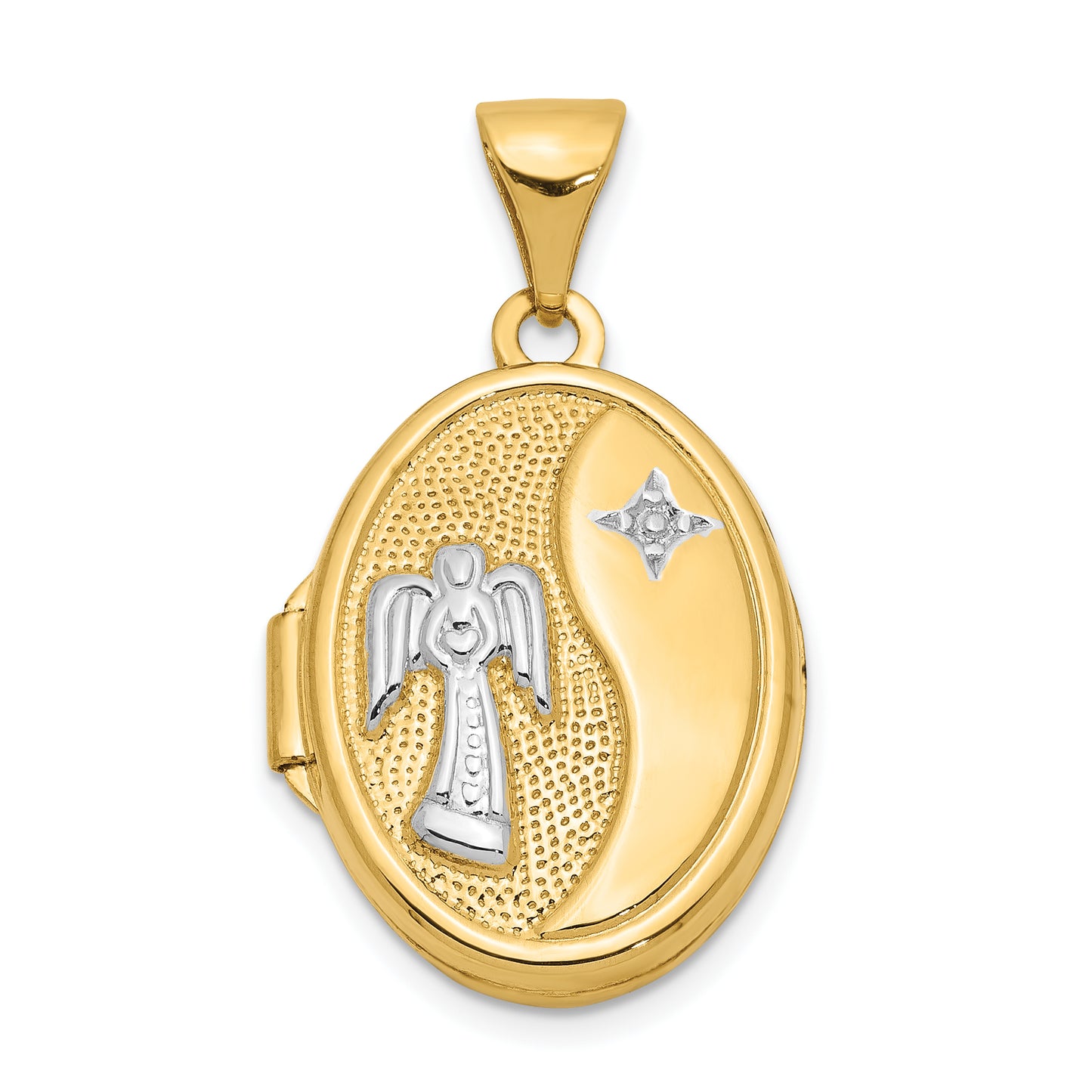 14k Yellow & Rhodium 14ky w/ White Rhodium 17mm Guardian Angel Oval Locket