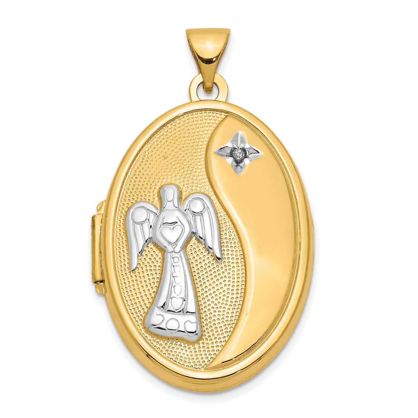 14k Yellow & Rhodium 14ky w/ White Rhodium Diamond Guardian Angel Oval Family Locket