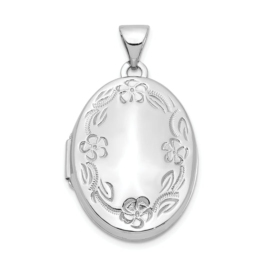 14k White Gold 14k White Gold 21mm Oval Leaf Floral Scroll Border H/Eng Locket