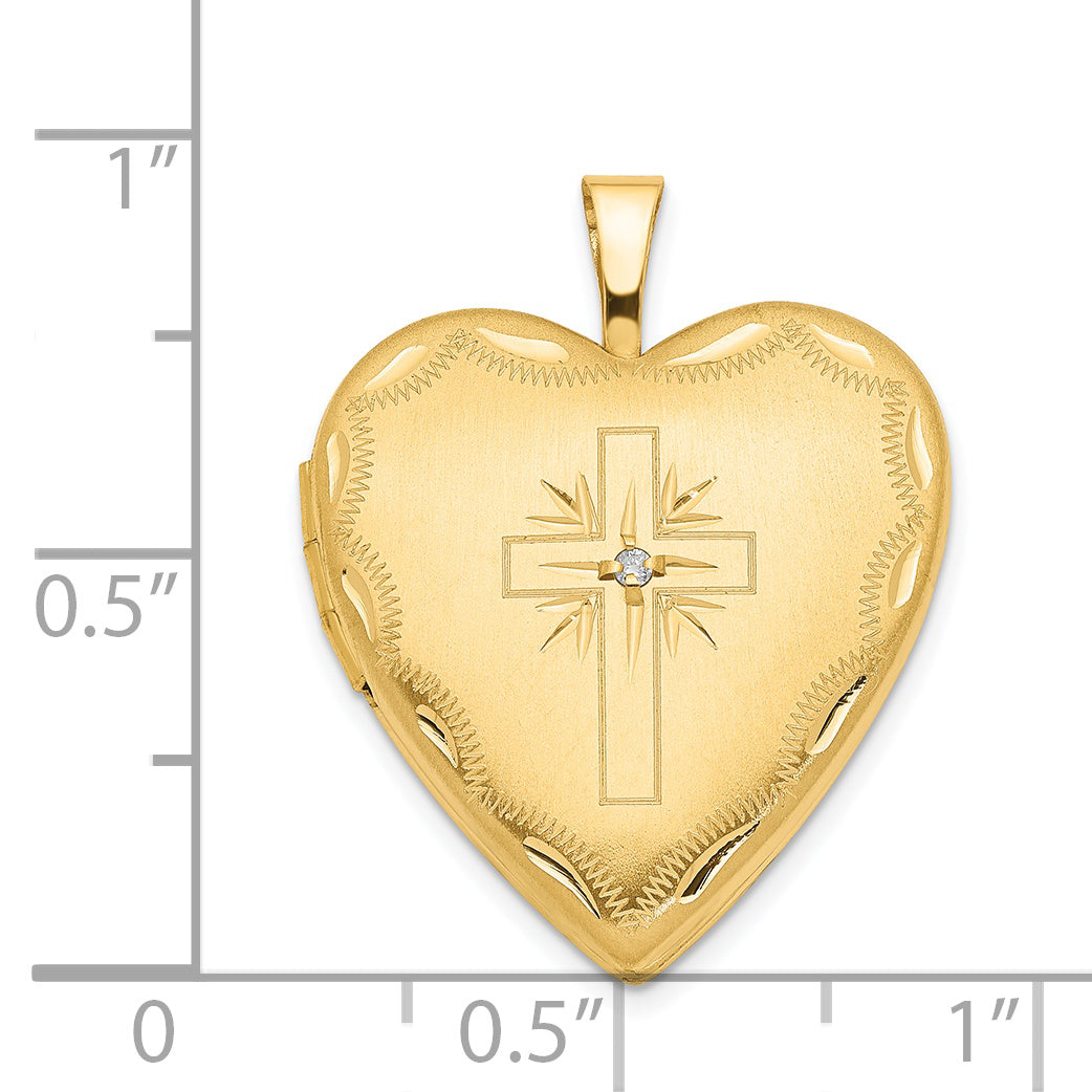 14k Yellow Gold 14ky 20mm Diamond Satin & D/C Cross Heart Locket