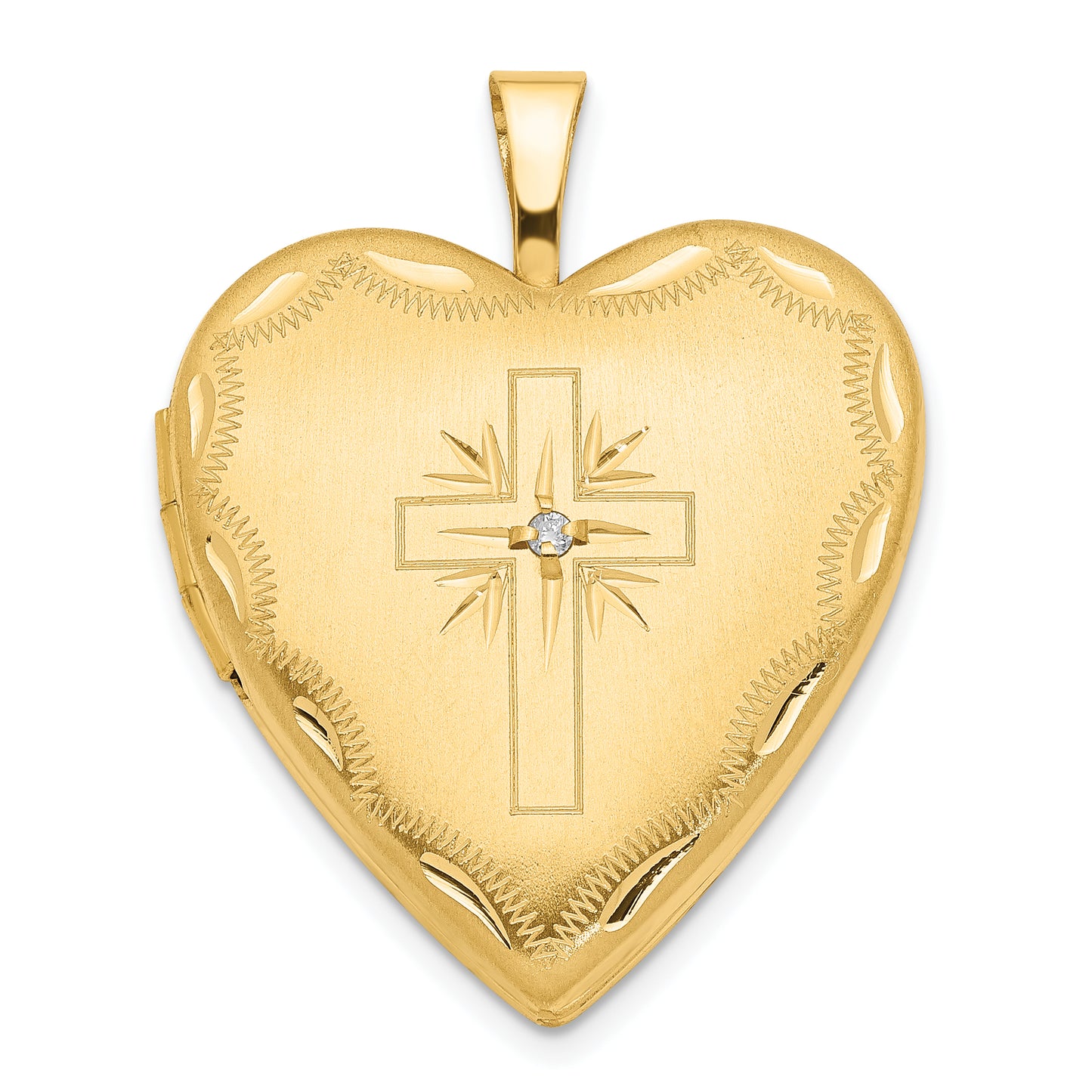 14k Yellow Gold 14ky 20mm Diamond Satin & D/C Cross Heart Locket